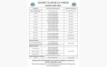 Horaires d'entrainements saison 2025-2026